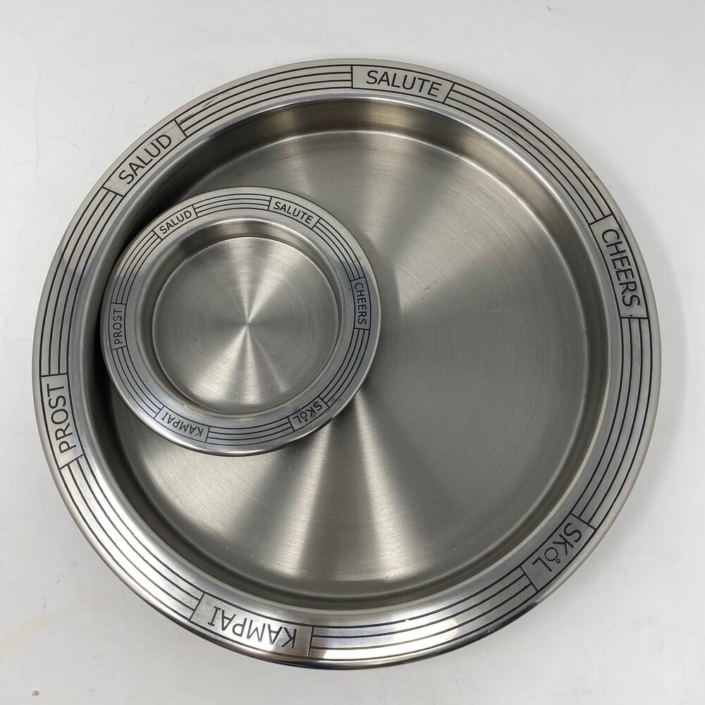 Bar tray and wine coaster “Cheers” in 6 languages silver chrome Home cocktail